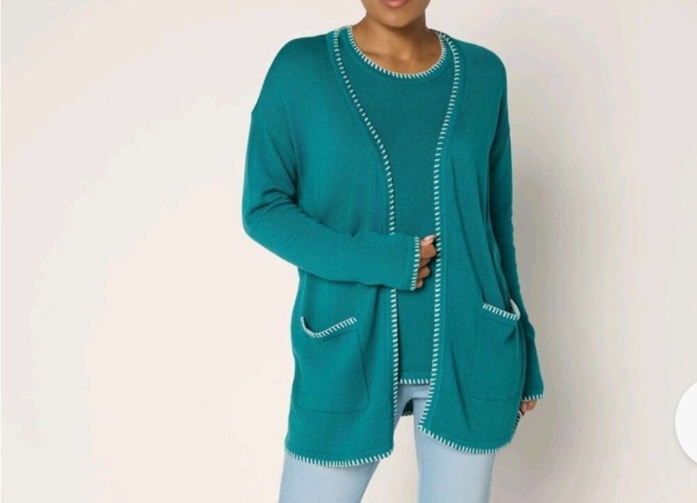 Belle Kim Gravel XL Pacific Blue Blanket Stitch Open Front Tunic A695161 NWOT